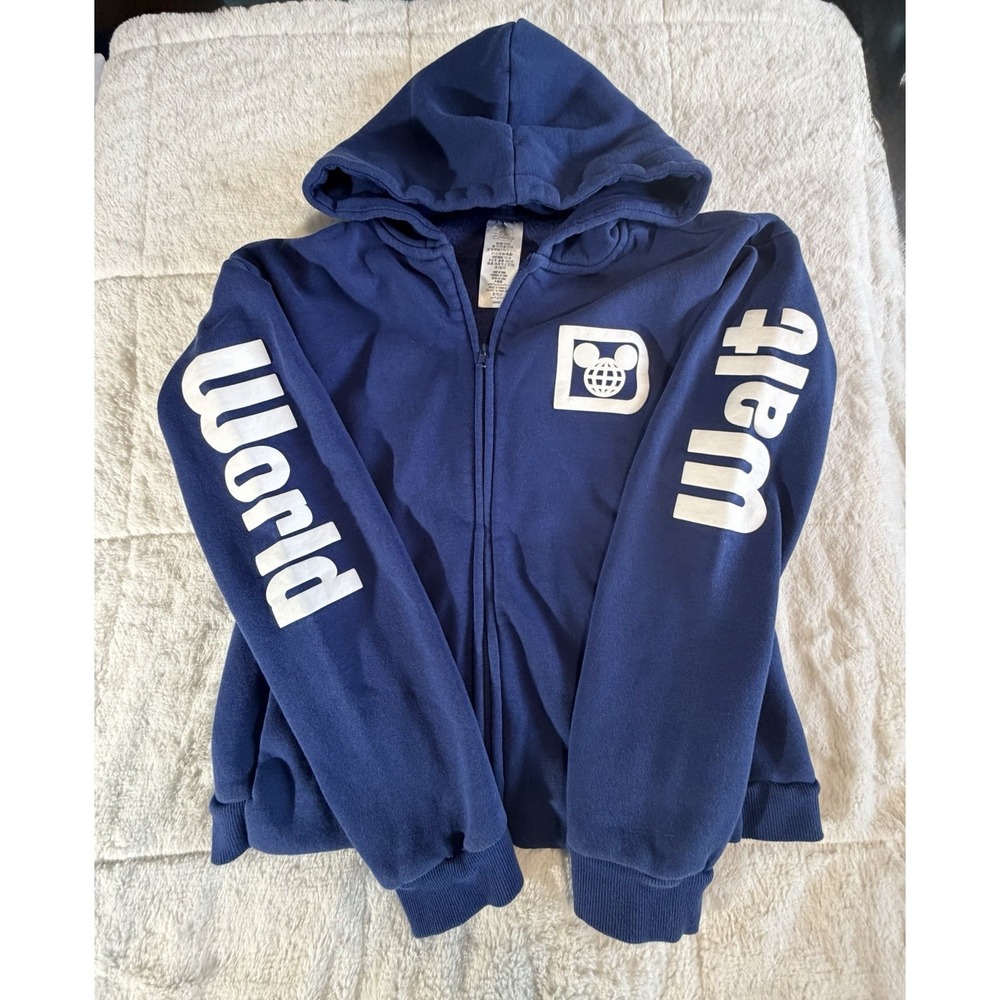 Disney Parks Blue Zip-Up Hoodie Mickey Globe Logo Hooded Sweatshirt Size 11-12